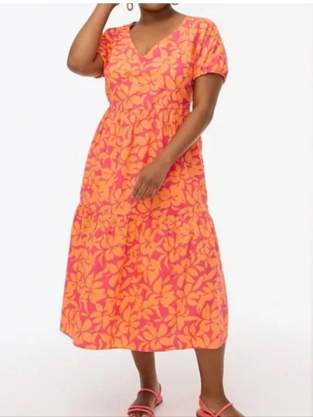 J. Crew Plus Size Floral Tiered Midi Dress 16 Puff Sleeve Pockets Cotton Summer